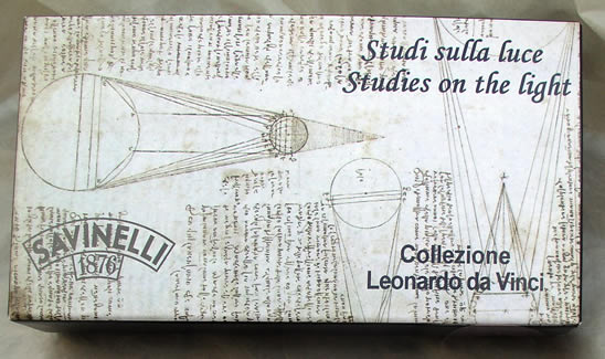 Box showing Leonardo Da Vinci Sketch that inspired this pipe design