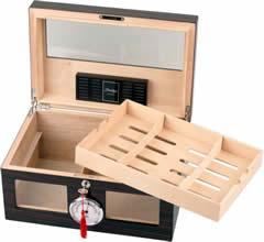 Humidor ebony finish hi-gloss for ca. 100 cigars with handles and tray
