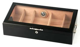 Black humidor with glass lid, lock and handles