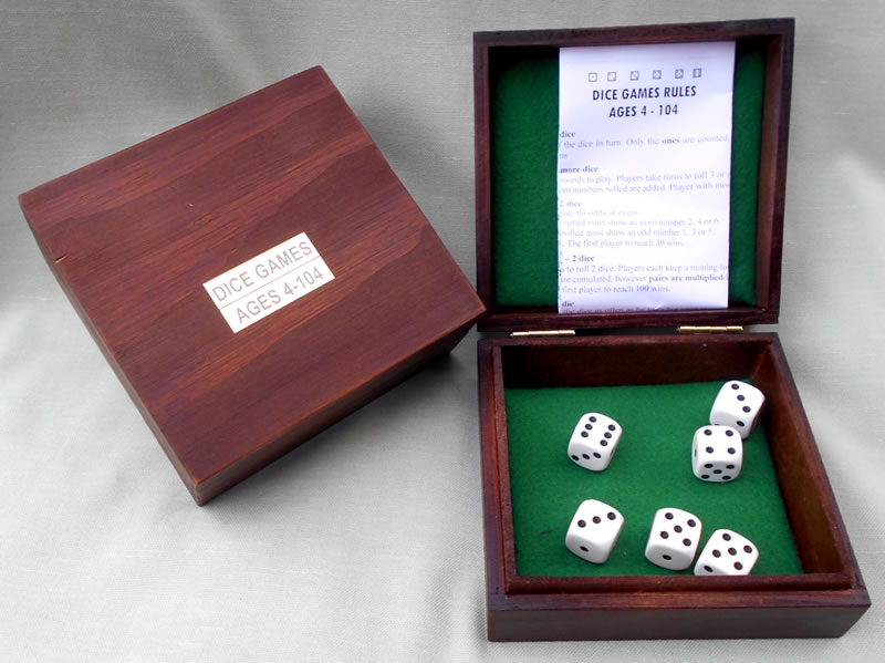 6x16mm White Spot Dice in wood box. Rules for 8 Games
