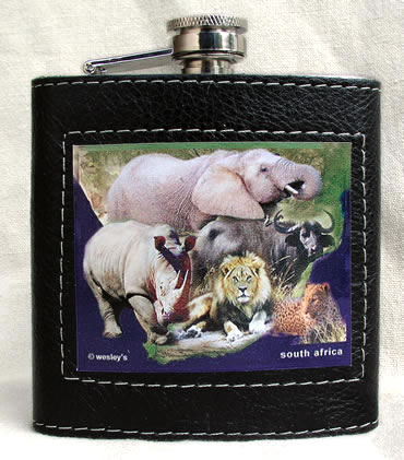 Top-stitched Kudu leather-covered Stainless Steel Hip Flask with Big 5 collage